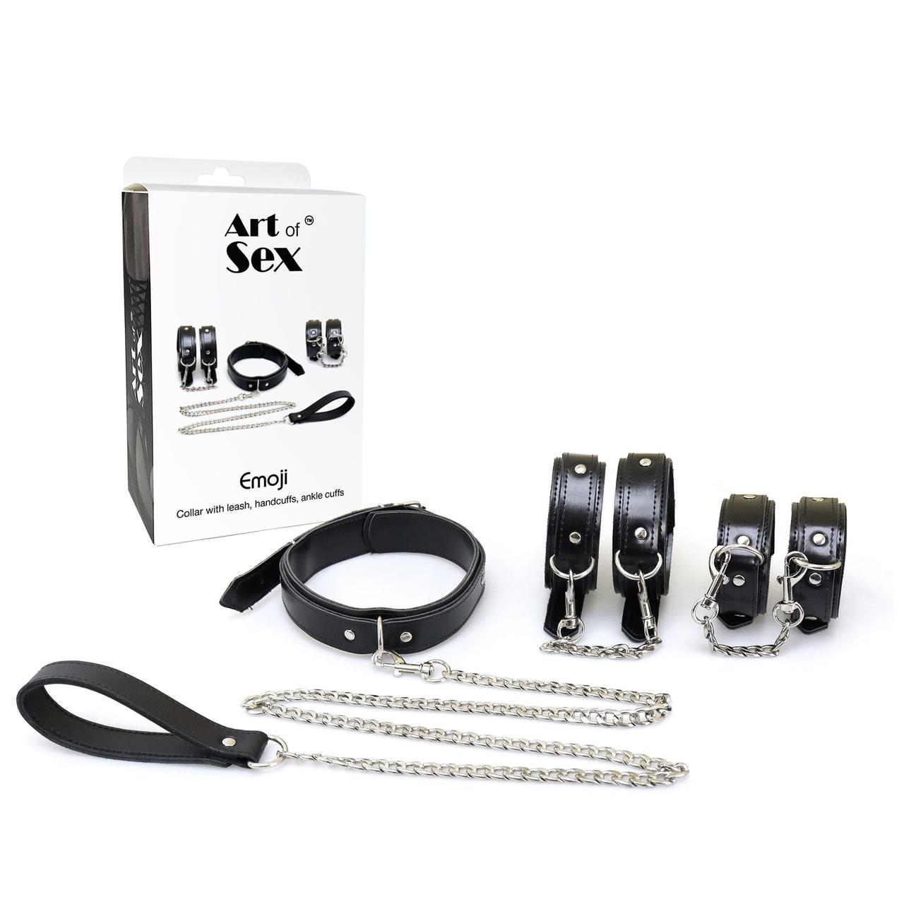 Набір BDSM Art of Sex - Emoji, наручники, поножі, нашийник з повідцем, екошкіра, чорний, металева фурнітура, фото 1