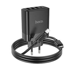 Адаптер мережевий Hoco Type-C to Lightning Cable Intelligent four-port C127A |3USB/1Type-C, 45W/3A, PD/QC| чорний