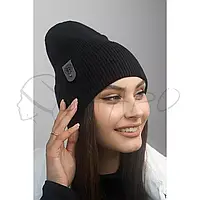 Шапка женская с отворотом одинарная удлиненная молодежная шапочка рубчик Braxton 5154 Черный