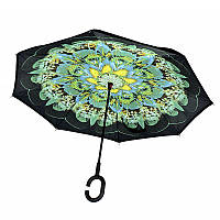 Зонт наоборот Up-Brella Зелёный Павлин. Механический складной зонтик наоборот устойчивый к ветру