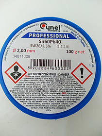 Припій Cynel Sn60Pb40-SW26, діам.-2мм, 100 г на котушці