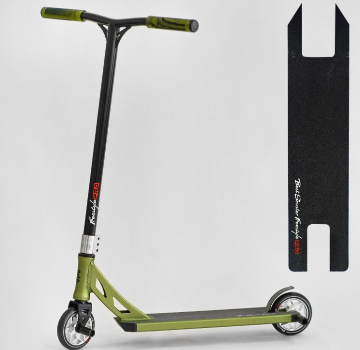 Міцний трюковий самокат Best Scooter Freestyle N-56307 Чорний / Олива Самокат трюковий посилена рама