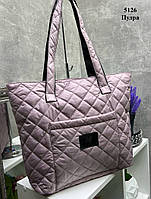 Молодежная большая сумка-шопер мягкая стеганная в цвете пудра сумка с длинными ручками