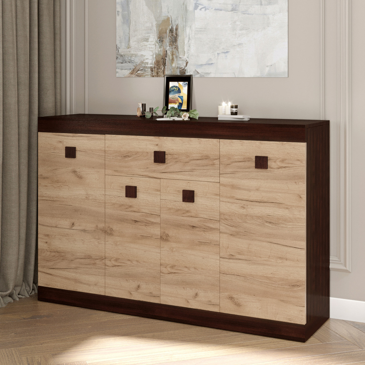 Великий комод Еверест з дверима та ящиком Соната-7 140х38х94 венге темний + дуб крафт золотий (DTM-2017), фото 1