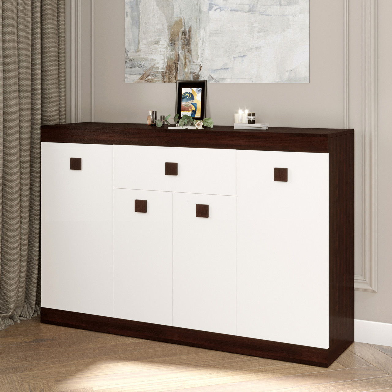 Великий комод Еверест з дверима та ящиком Соната-7 140х38х94 венге темний + білий (DTM-2018), фото 1