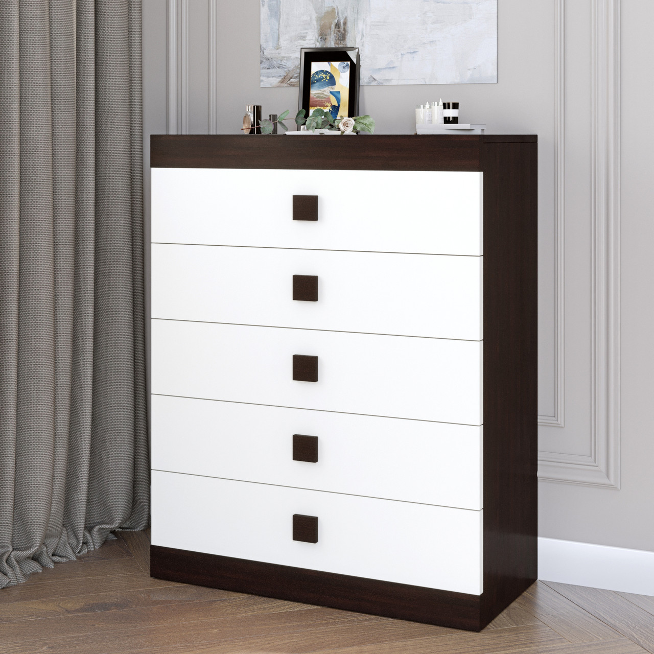 Високий комод Еверест на 5 ящиків Соната-2 80х38х101 венге темний + білий (DTM-2021), фото 1