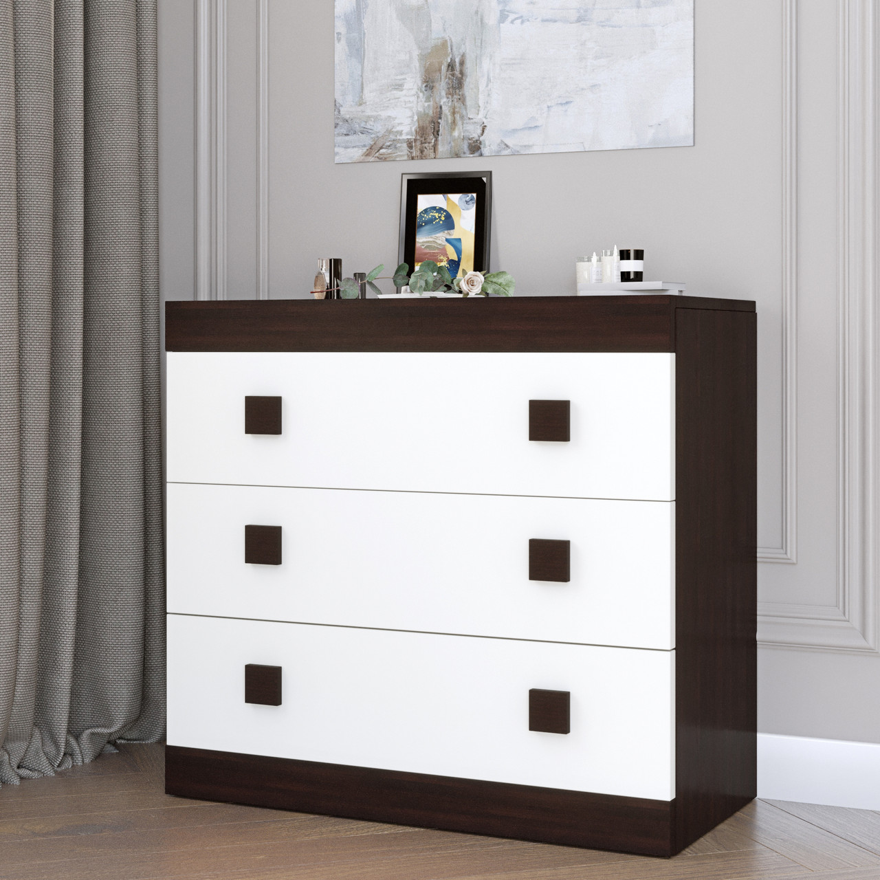 Комод Еверест на 3 ящики Соната-1 80х38х75 венге темний + білий (DTM-2046), фото 1