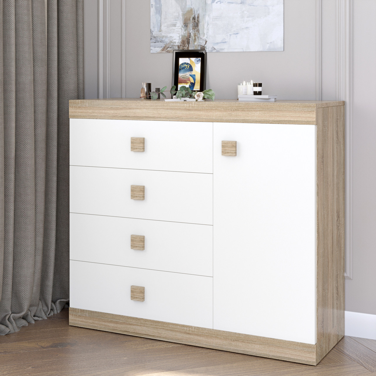 Комод з дверима та 4-ма ящиками Еверест Соната-5 105х38х94 дуб сонома + білий (DTM-2062), фото 1