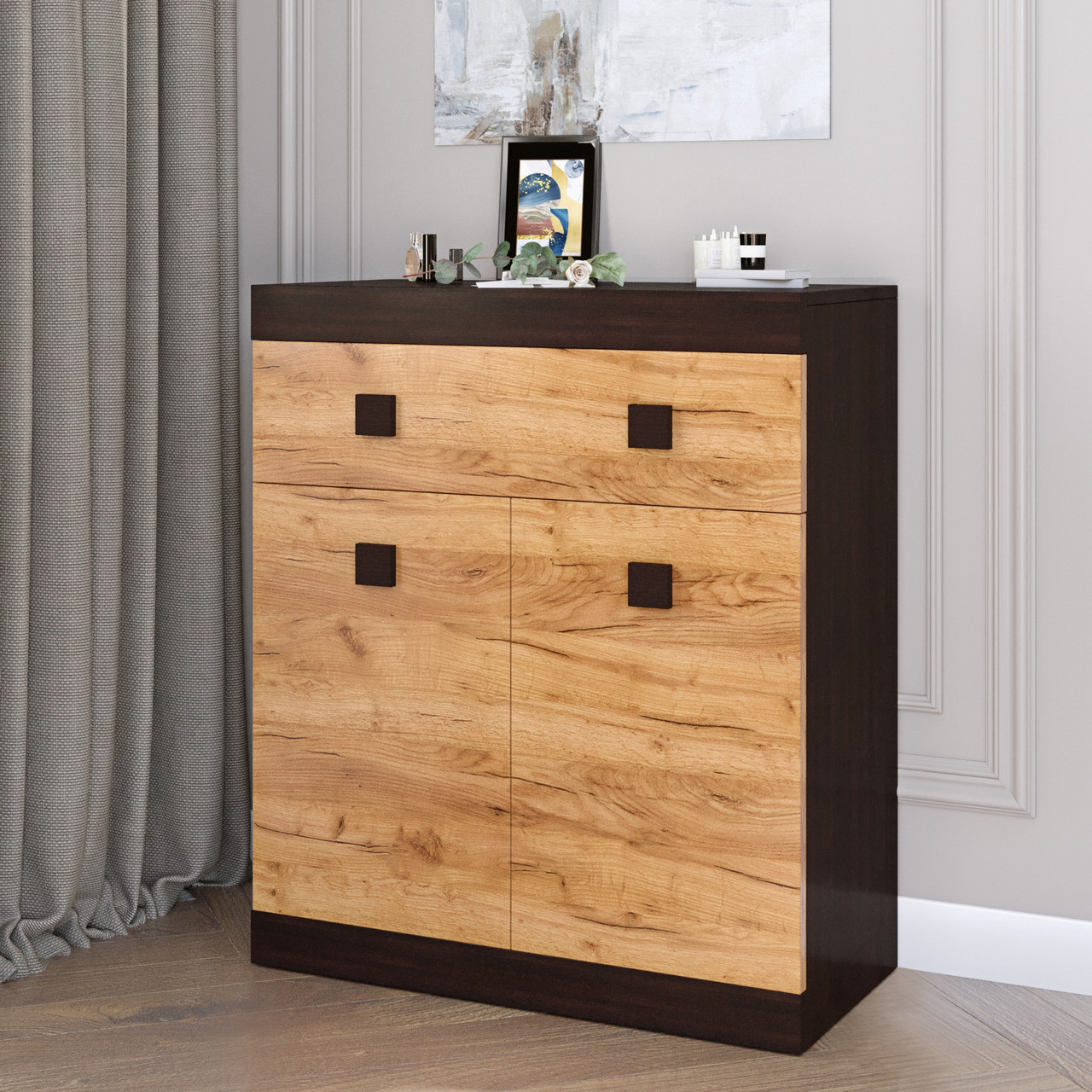 Комод з дверима та ящиком Еверест Соната-4 80х38х94 венге темний + дуб крафт золотий (DTM-2066), фото 1