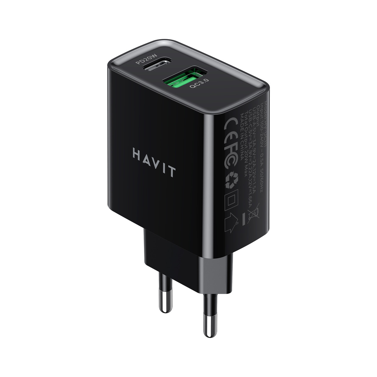 Зарядний пристрій HAVIT HV-UC111 20W USB+USB-C Black, фото 1