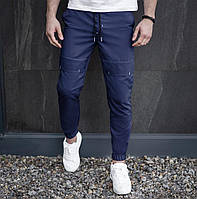 Стильные мужские спортивные штаны джоггеры синие весна-осень с карманами на резинке удобные из плащёвки