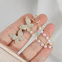 Серьга и кафф клипс на два уха Butterfly бабочка и жемчуг серьга Earcuff Клип каф серьги