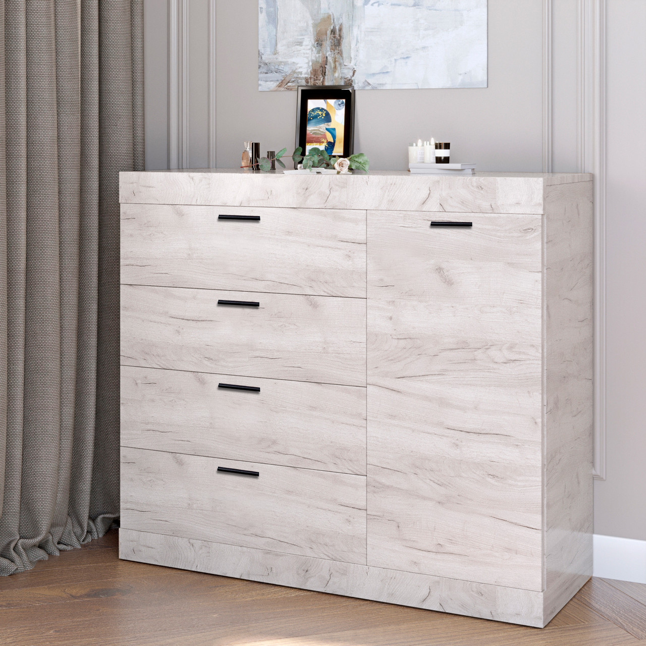 Комод с дверцятами і 4-ма ящиками Еверест Соната-5 105х38х94 дуб крафт білий (DTM-2701), фото 1