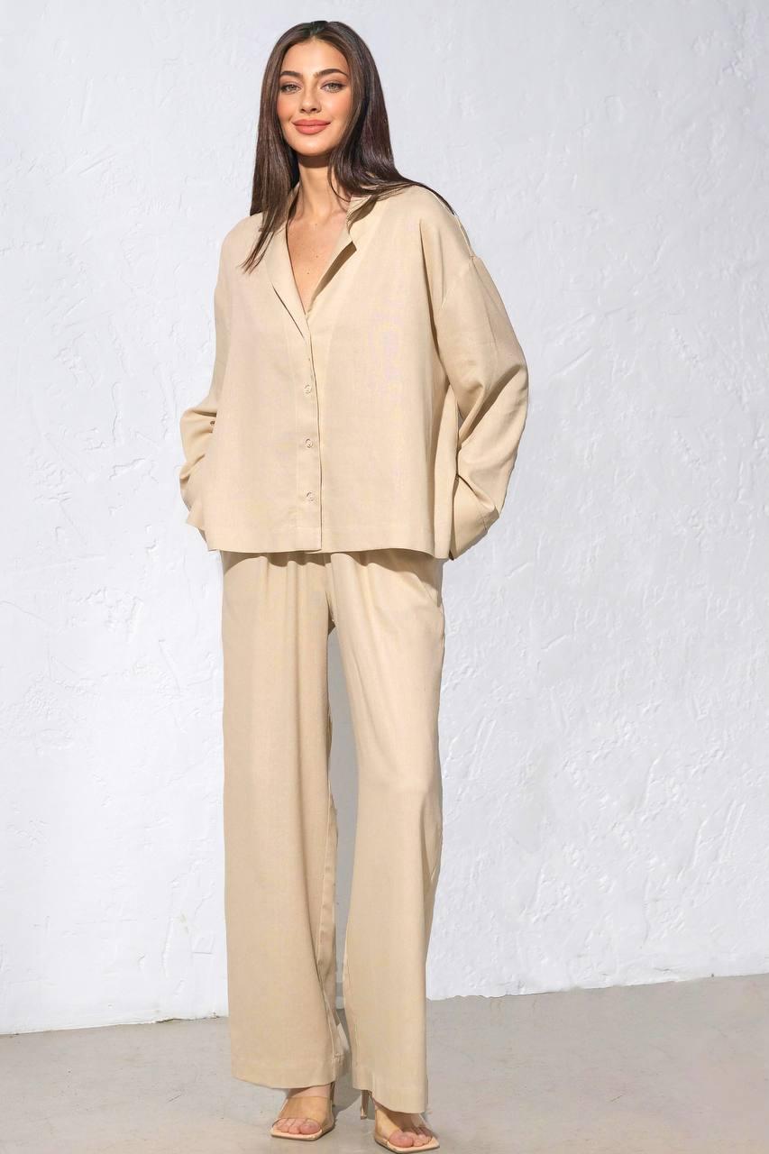 Лляний штанний костюм колір бежевий, розмір42-44