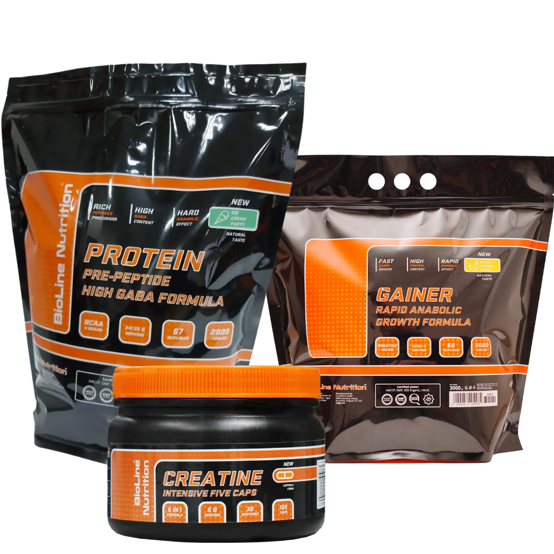 Протеїн сироватковий = 80% білка (2 кг) + Гейнер вуглеводно-білковий 73% (3 кг) + Креатин Bioline У Подарунок
