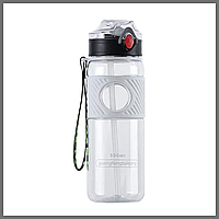 Бутылка для воды с трубочкой 800 мл прозрачная для напитков с дозатором и ремешком Белый