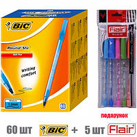 Набор: ручки "BIC" Round Stic 60 штук синие+ набор шариковых ручек FLAIR (5 шт)--sh9340