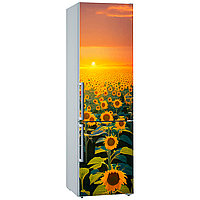 Виниловая цветная декоративная наклейка самоклеющаяся на дверь холодильника "Поле подсолнухов и сонце" с