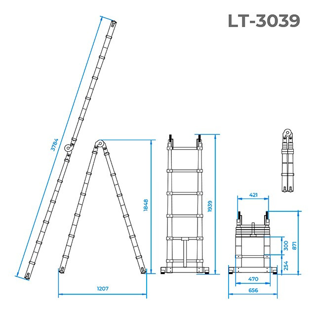 Драбина INTERTOOL LT-3039 з алюмінію, універсальна, розкладна, телескопічна 12 сход., 3,85 м