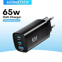 Сетевое зарядное устройство ASOMETECH GaN 65W 1USB+2Type-C Fast Charger Black