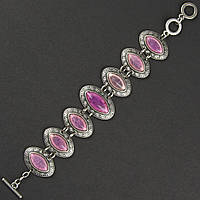 Браслет жіночий сріблястого кольору овальний із камінням чароит і візерунками застібка тогл довжина 22 см ширина 30 мм