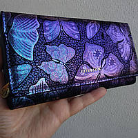 БРАК! УЦІНКА! Жіночий шкіряний гаманець-клатч Peterson PTN 42100-ONBF синій з метеликами