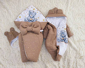 Комплект одягу з мусліну 3 предмети для новонароджених, капучино з принтом Ведмедик