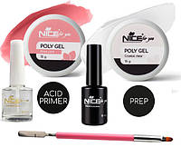 Набір для нарощування нігтів полігелем, Poly Gel Nice for you 2*15г, Primer, Prep, кисть