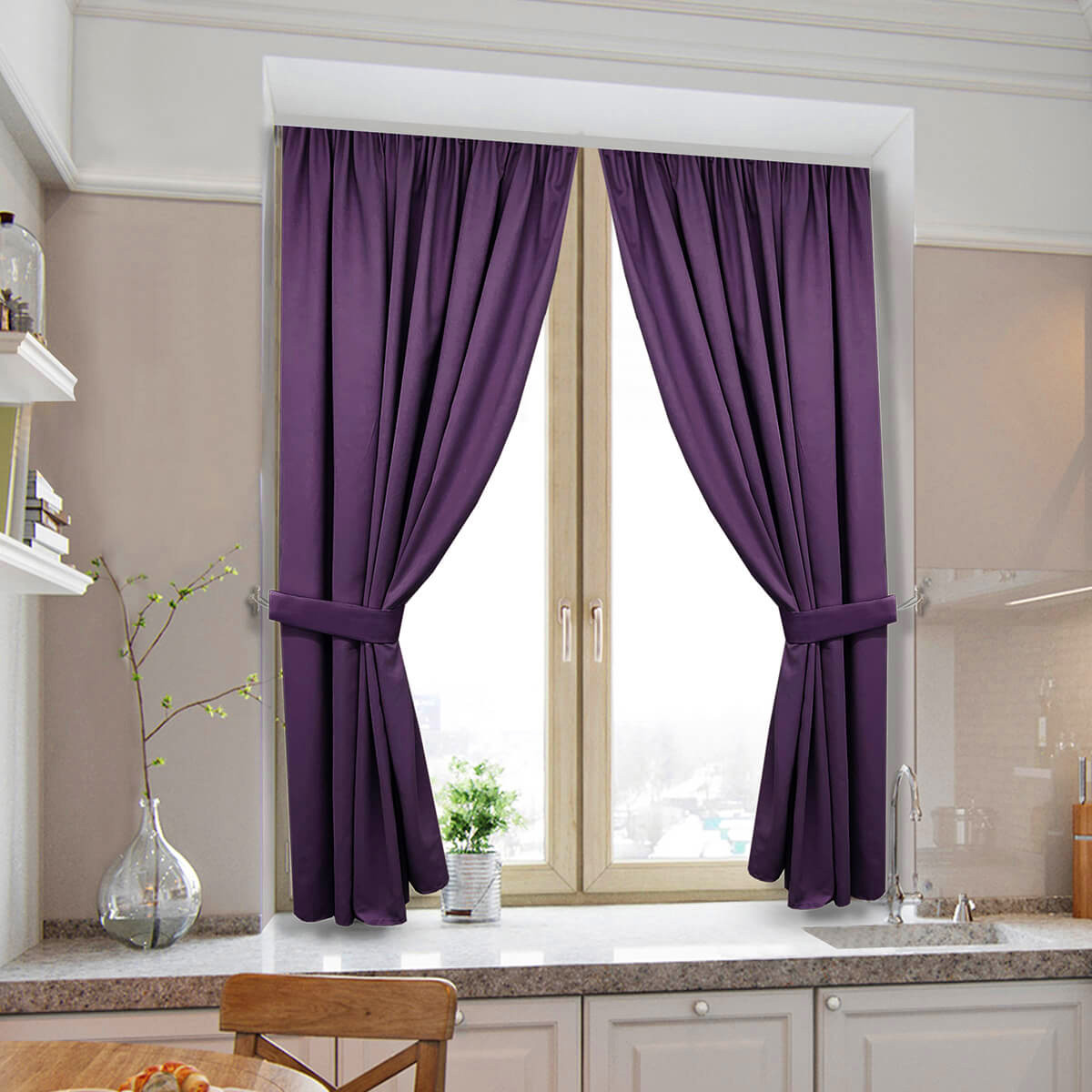 Штори короткі для кухні, готові яскраві фіолетові штори на тасьмі 140х170см (2шторы)