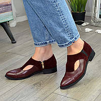 Женские бордовые туфли с острым носком на низком ходу, натуральная кожа и замша. 41 размер