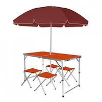 Раскладной стол 120см для пикника с 4 стульями и зонтом 1.8 м Easy Campi в чемодане Оранжевый