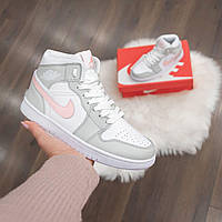 Nike Air Jordan 1 Retro серые с розовым, кожа ТОП кроссовки найк аир джордан