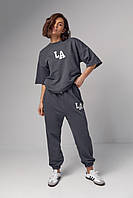 Женский спортивный костюм с вышивкой LA - темно-серый цвет, S