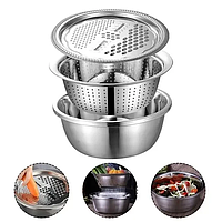 Кухонный набор посуды из миски друшлага и терки 3 в 1 Metal Basket Cutter OM227 для нарезки и мытья овощей