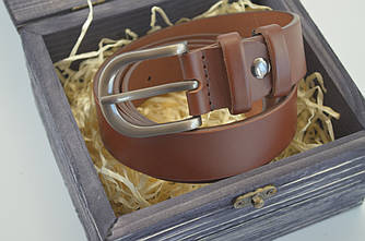 Ремінь шкіряний коньячний у дерев'яній коробці подарунок на День Закоханих |  від 80 до 140 см