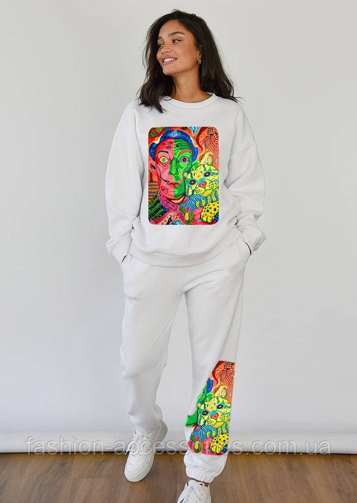 Білий спортивний костюм з модною наклейкою теплий на флісі L, фото 1