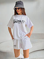 Жіночий спортивний,літній,повсякденний білий,оверсайз костюм двійка(шорти+футболка) з накаткою,з двонитки