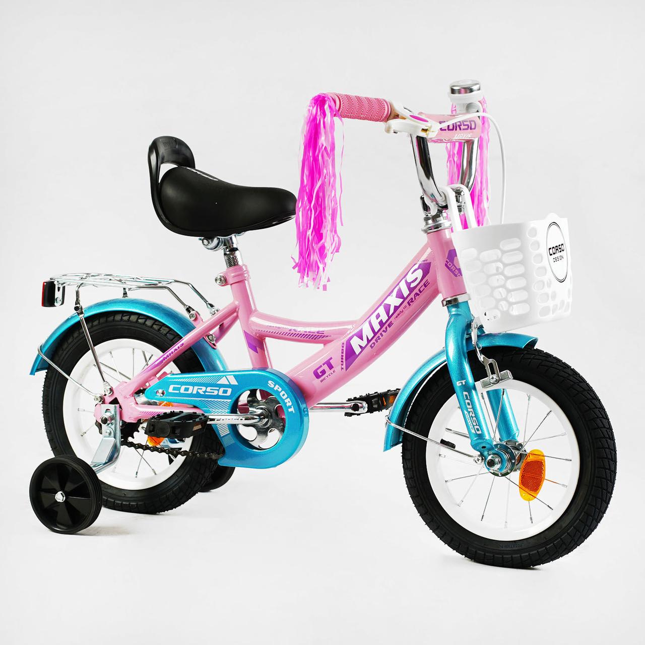 Дитячий двоколісний велосипед для дівчинки CORSO MAXIS  з кошиком, ручним гальмом, колеса 12 дюймів, рожевий