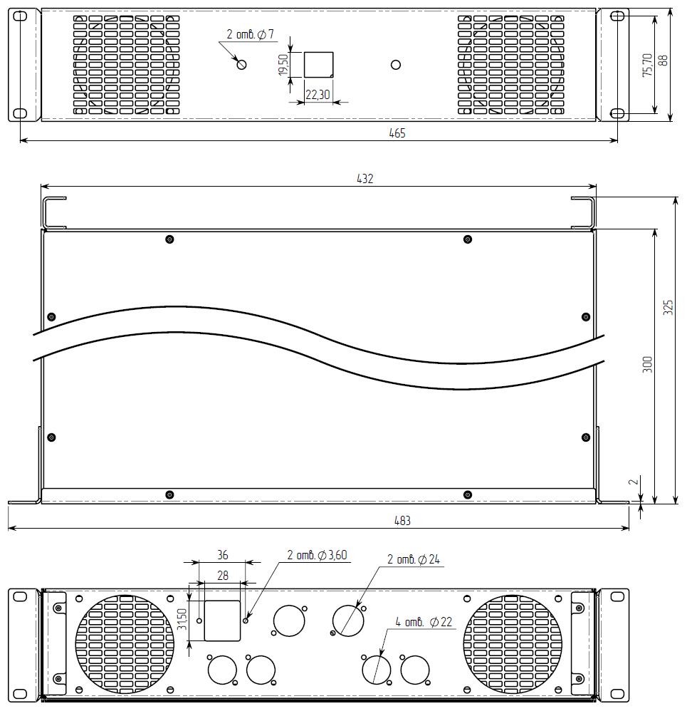 Корпус MiBox для усилителя мощности звука, модель MB-2300v2 (Ш483(432) Г325(300) В88) черный - фото 2 - id-p2135710047