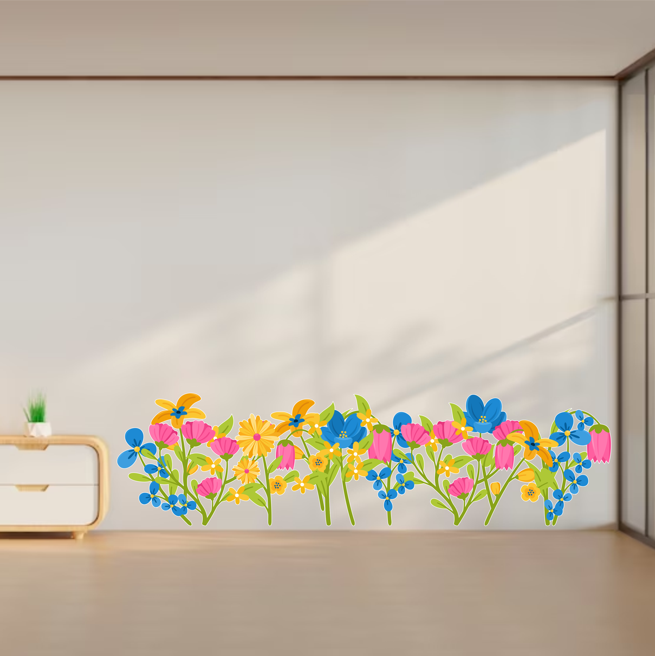 Вінілова інтер'єрна наклейка кольорова декор на стіну, шпалери в дитячу "Ботанічний сад. Різнокольорові квіти" з оракалу