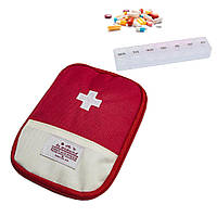 Комплект аптечка органайзер червона 13х18 см., та контейнер для таблеток на тиждень Прозорий на 7 днів