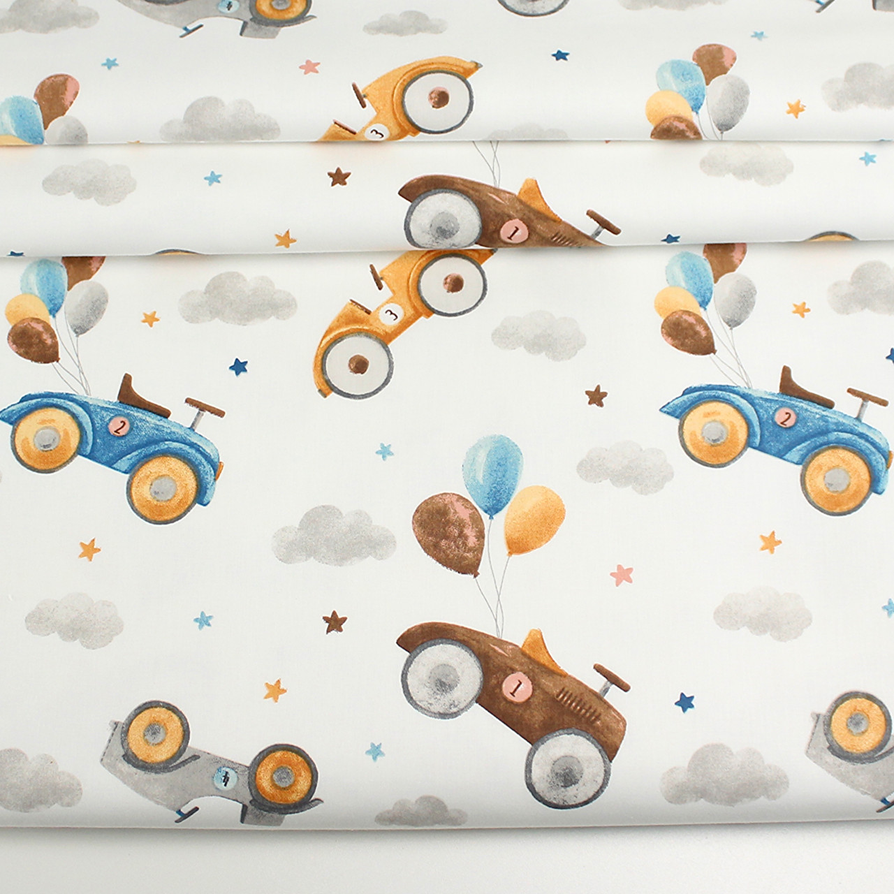 Тканина Поплін "Дитячі машинки на повітряних кульках" коричневі, сірі та синє № 3230, фото 1