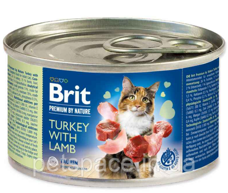 Консерви Brit Premium by Nature Cat (Бріт для котів з індичкою та ягням) 200г
