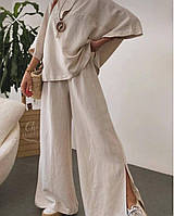 Жіночий легкий костюм широкі штани з розрізом + кофта льон напівбатал розмір 42-58, колір бежевий