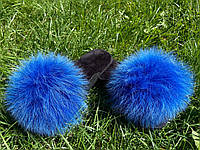 Женские тапочки домашние 36 размер с натуральным мехом синие, тапочки паркетка с мехом для дома
