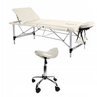 Алюминиевый складной массажный стол Hotseler цвет оттенки белого + вращающееся кресло Родео