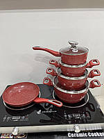 Набір посуду зі сковородою граніт круглий (9 предметів) НК-313 червоний