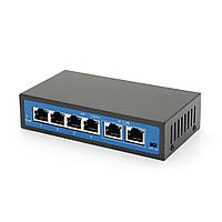 Коммутатор POE 48V с 4 портами POE 100Мбит + 2 порт Ethernet (UP-Link) 100Мбит, корпус - металл, Black, БП в