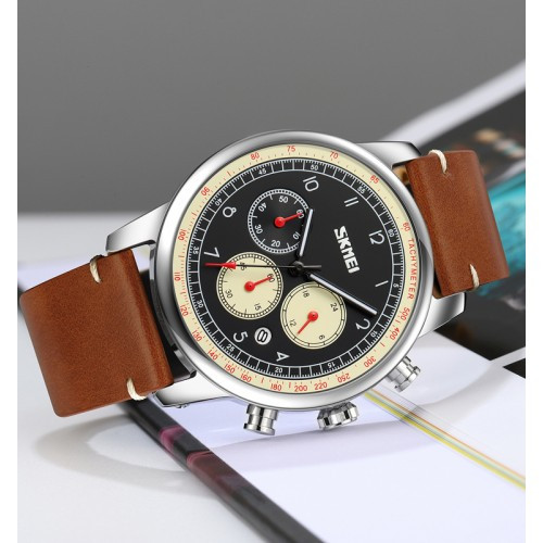 Чоловічий наручний годинник Skmei 9318 Beige-Brown. Усі стрілки хронографа працюют