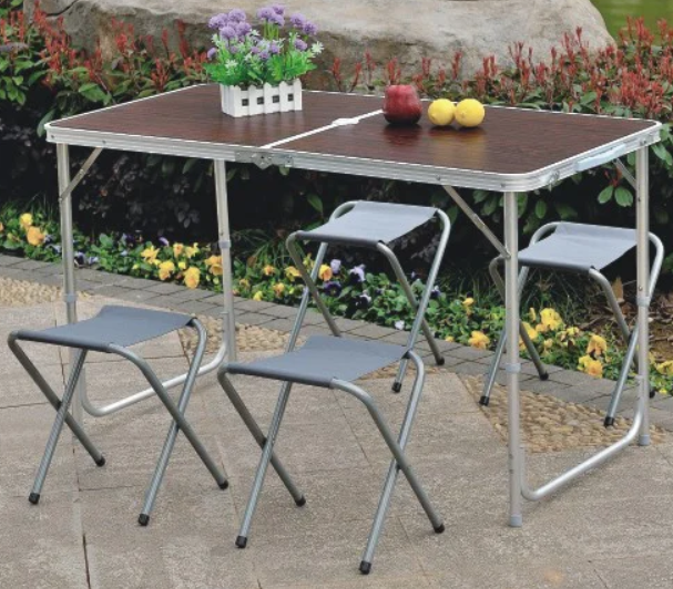 Розкладний стіл із стільцями для кемпінгу, Стіл для риболовлі, Столик для саду із 4 стільцями в кейсі, Коричневий
